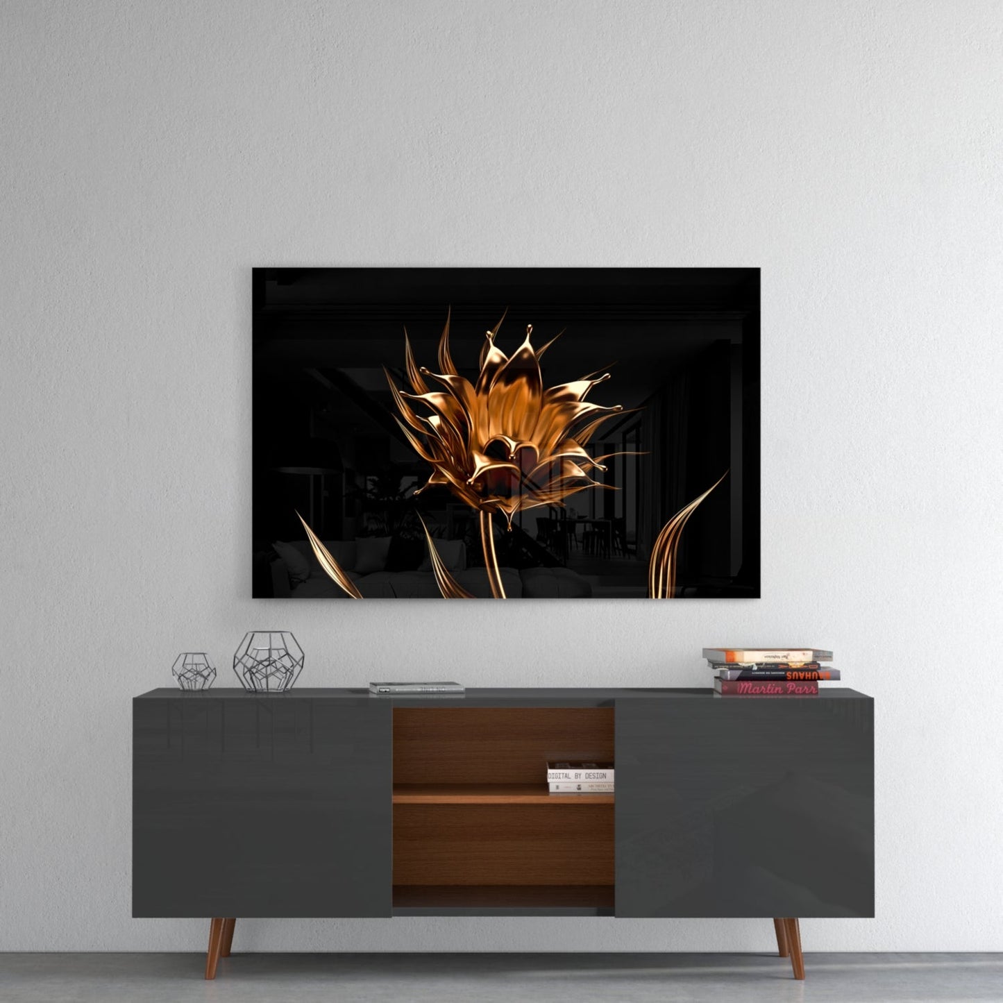 Liquid Gold Metallic Flower Black Glass Wall Art