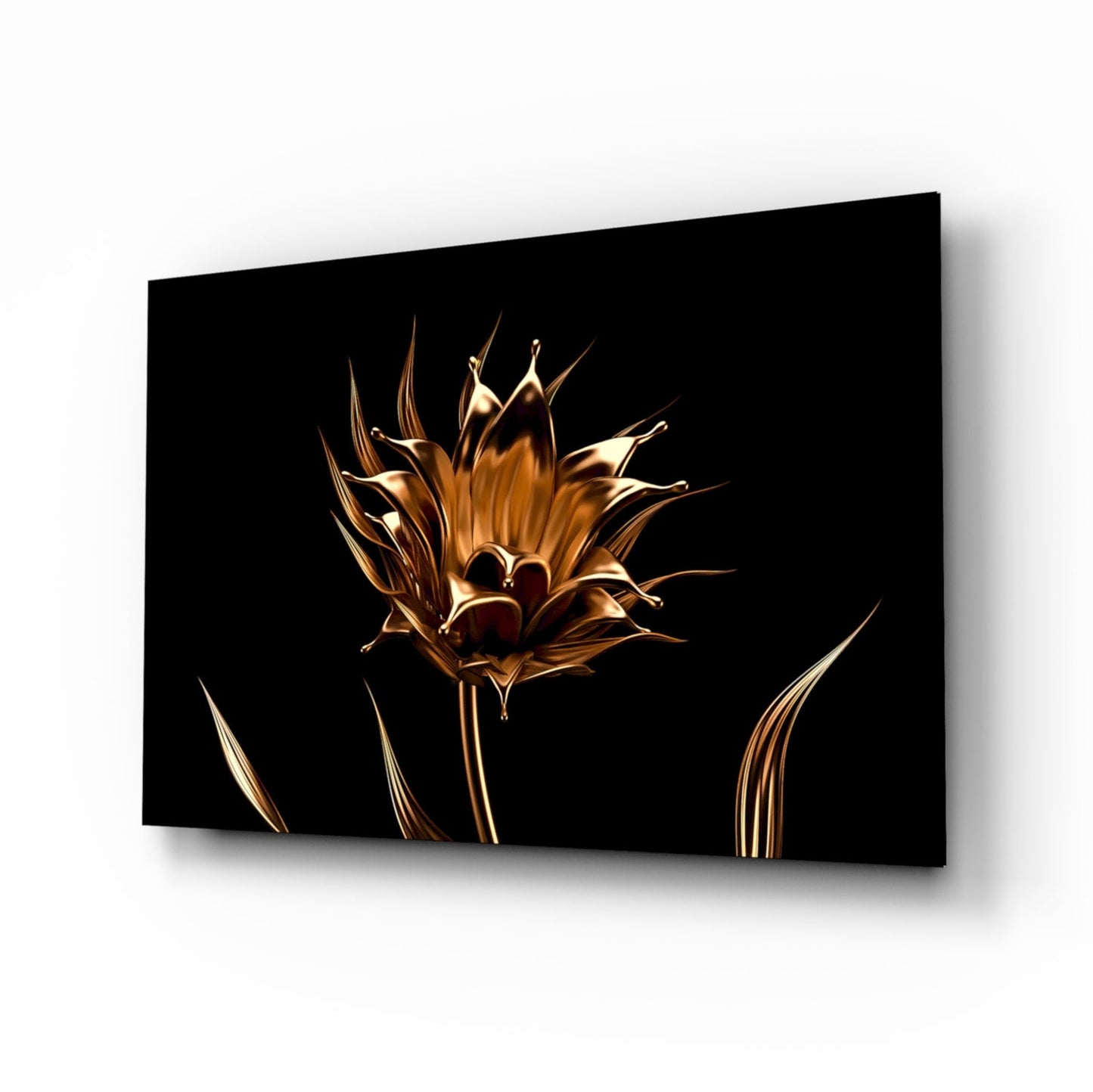 Liquid Gold Metallic Flower Black Glass Wall Art