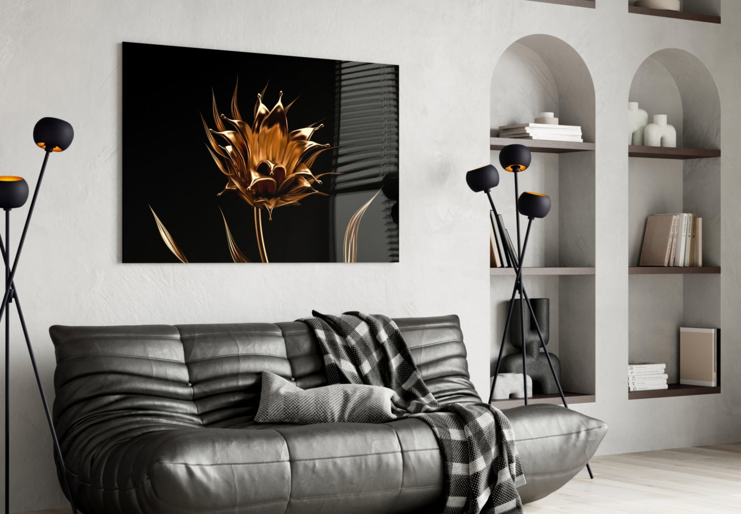 Liquid Gold Metallic Flower Black Glass Wall Art