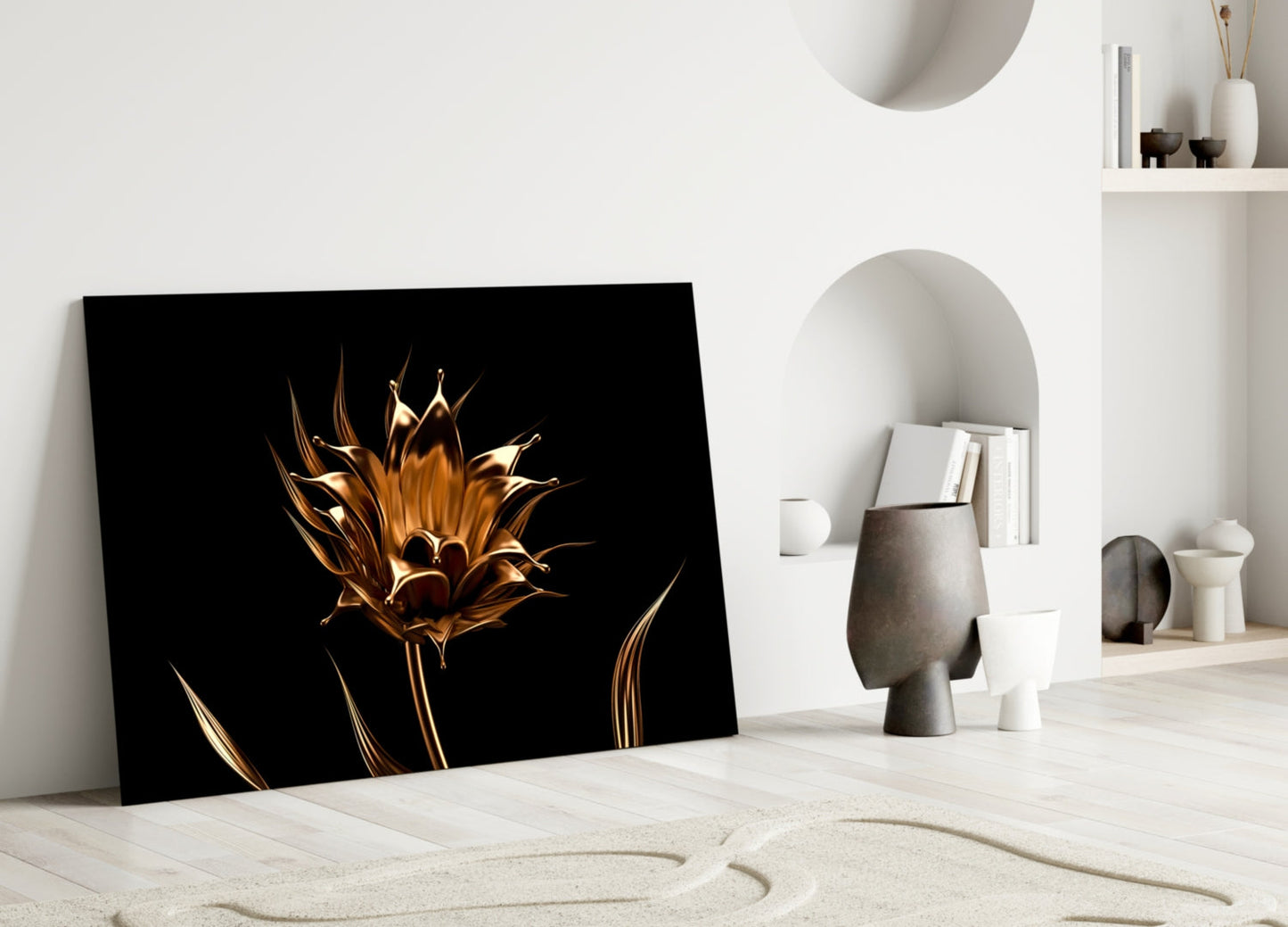 Liquid Gold Metallic Flower Black Glass Wall Art