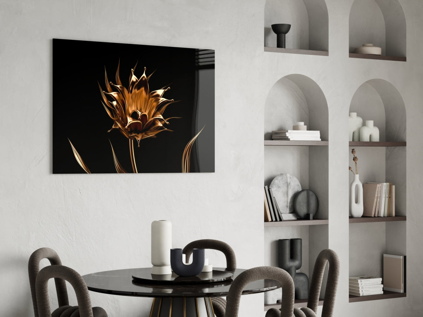 Liquid Gold Metallic Flower Black Glass Wall Art