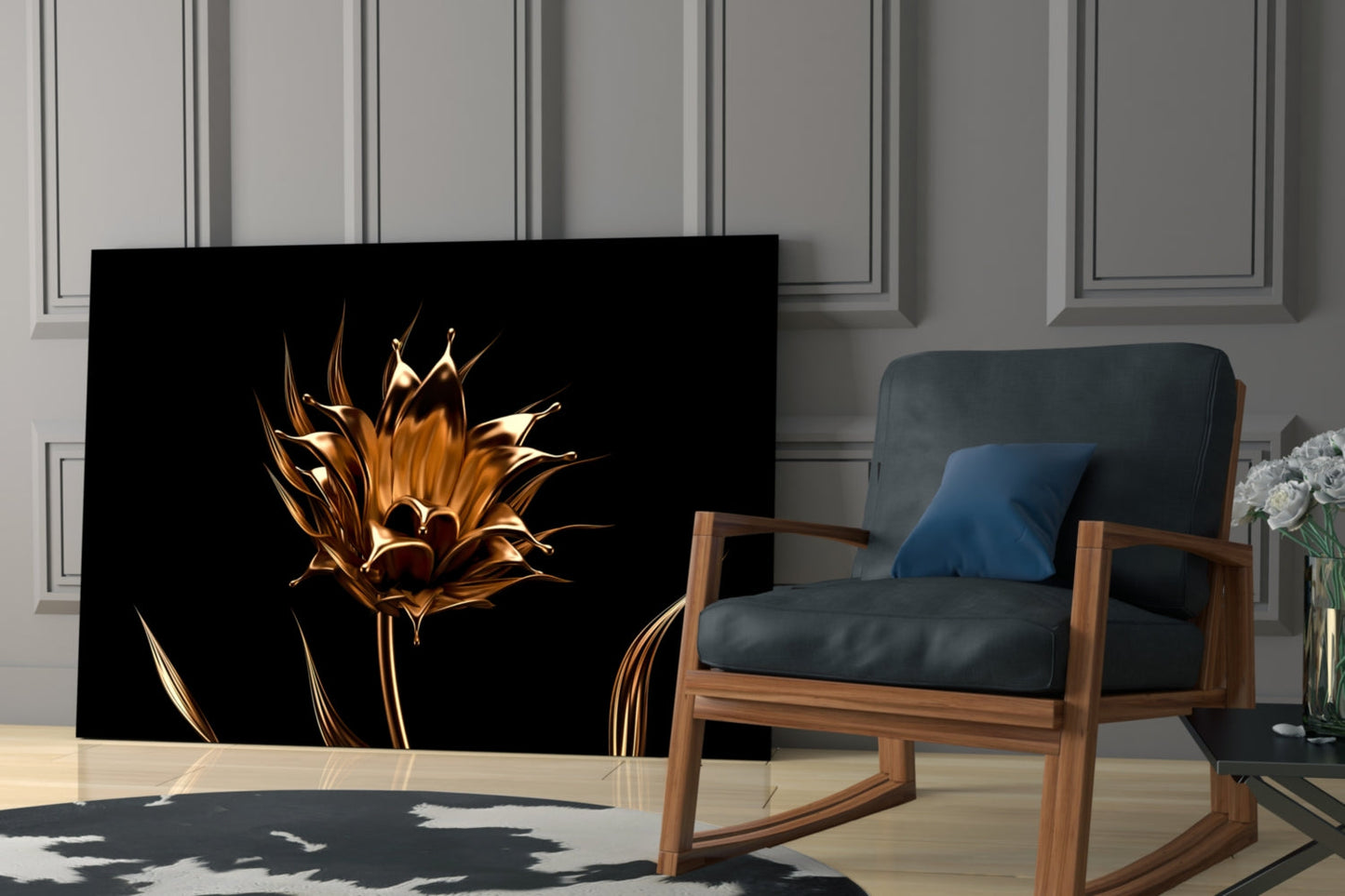 Liquid Gold Metallic Flower Black Glass Wall Art