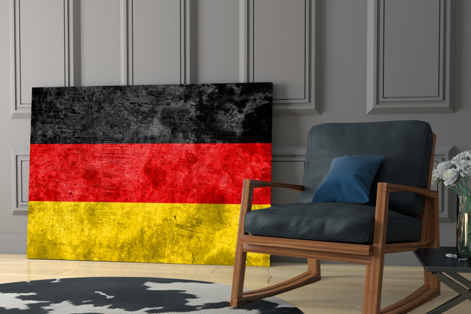German flag glass wall art with black, red, and yellow horizontal stripes displayed in modern living room interior.