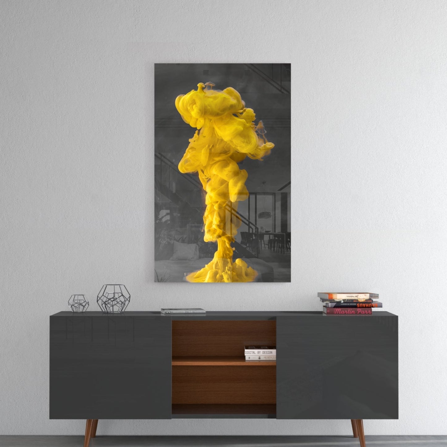 Yellow Ink Plume In Gray Water Glass Wall Art