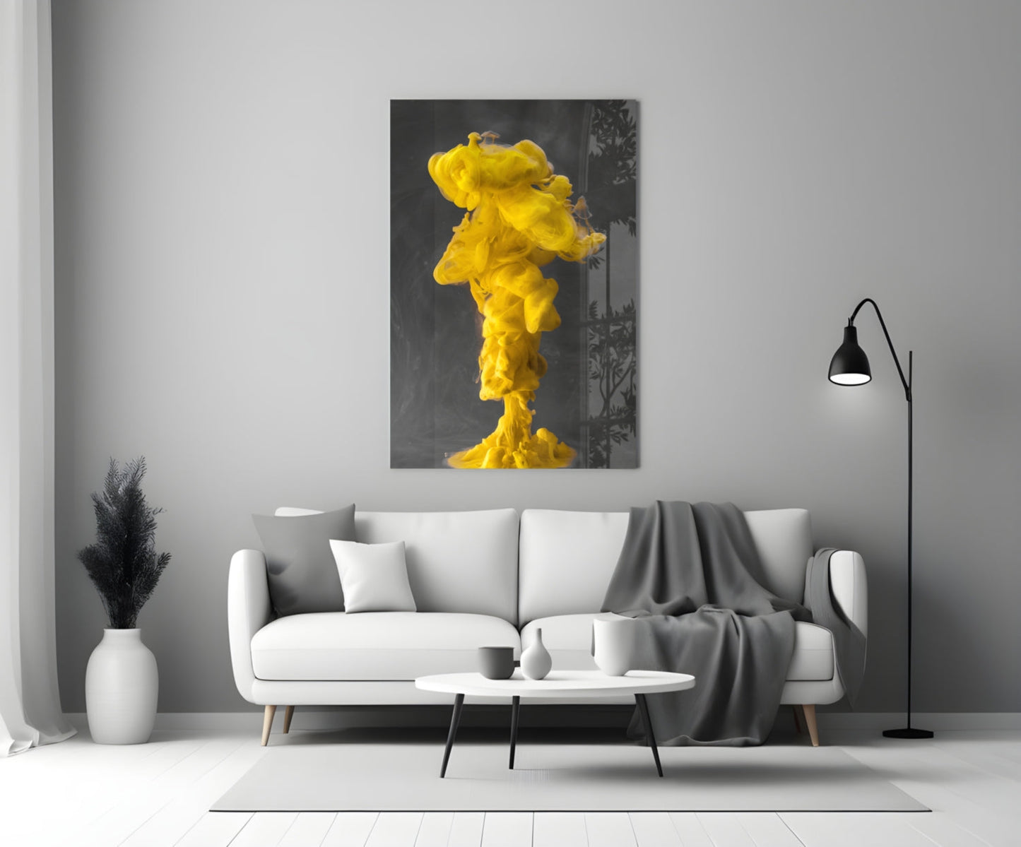 Yellow Ink Plume In Gray Water Glass Wall Art