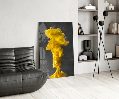 Yellow Ink Plume In Gray Water Glass Wall Art