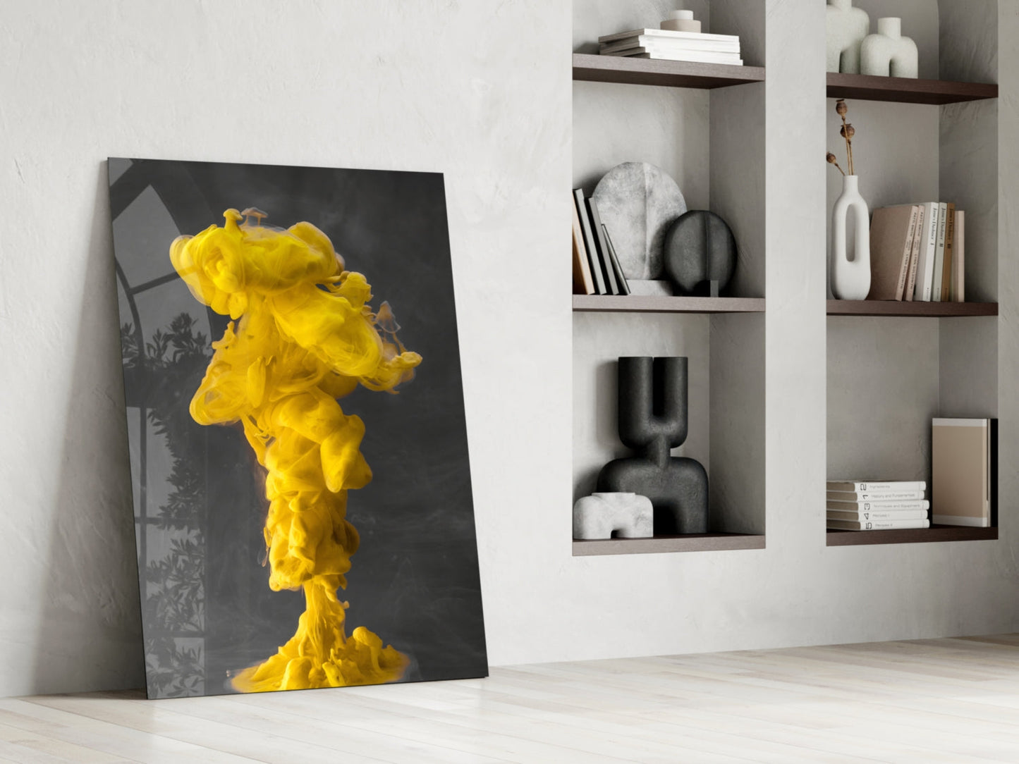 Yellow Ink Plume In Gray Water Glass Wall Art