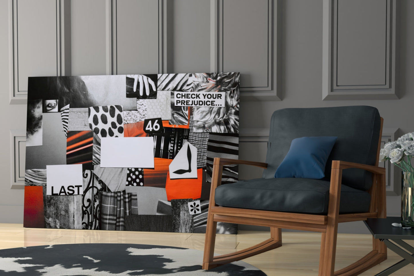 Glass wall art panel featuring black and white patchwork patterns with orange accents, displaying text "CHECK YOUR PREJUDICE," "46," and "LAST," installed in modern living room.