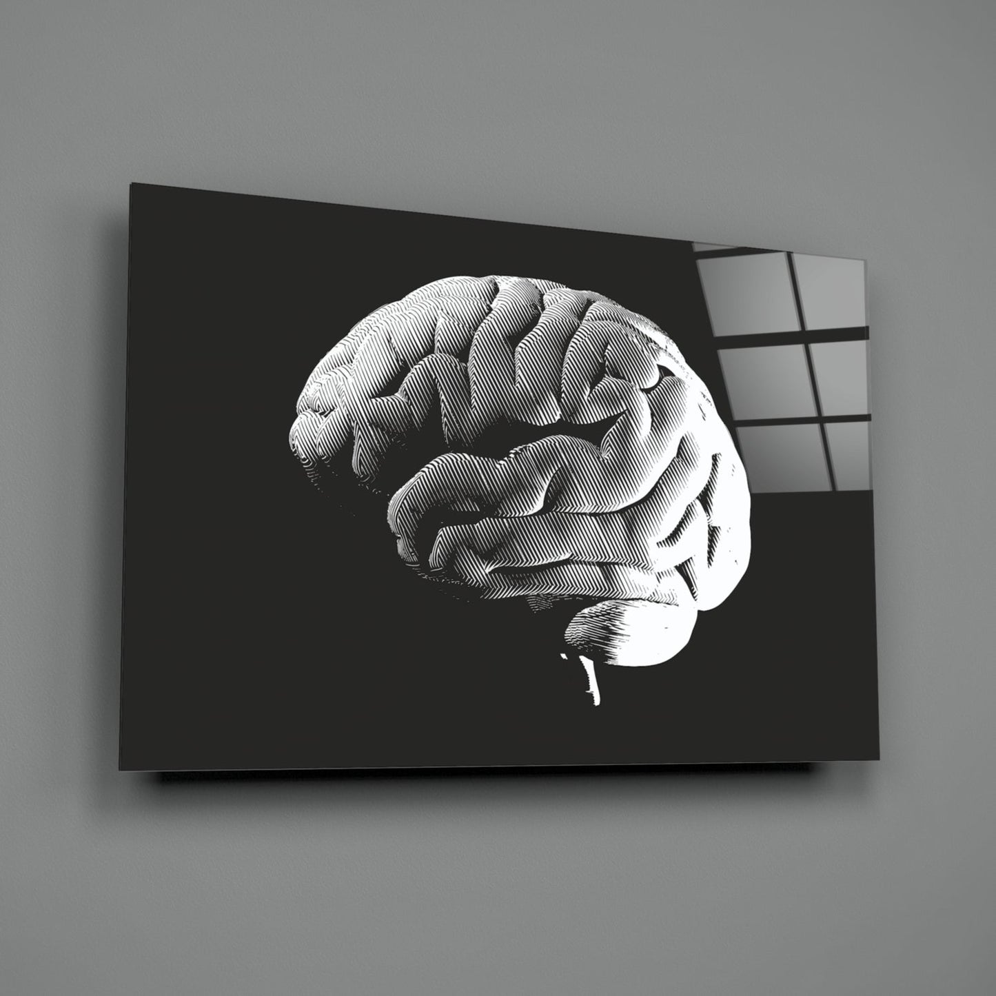 Engraved White Brain on Black Glass Wall Art