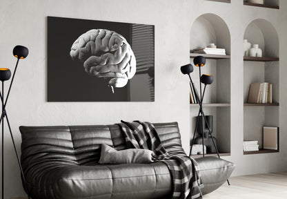 Engraved White Brain on Black Glass Wall Art