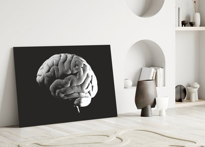 Engraved White Brain on Black Glass Wall Art