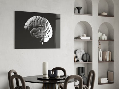 Engraved White Brain on Black Glass Wall Art