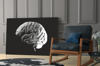 Engraved White Brain on Black Glass Wall Art