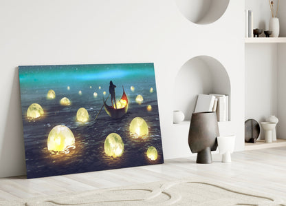 Aurora Night Moon Harvest Rowboat Glass Wall Art