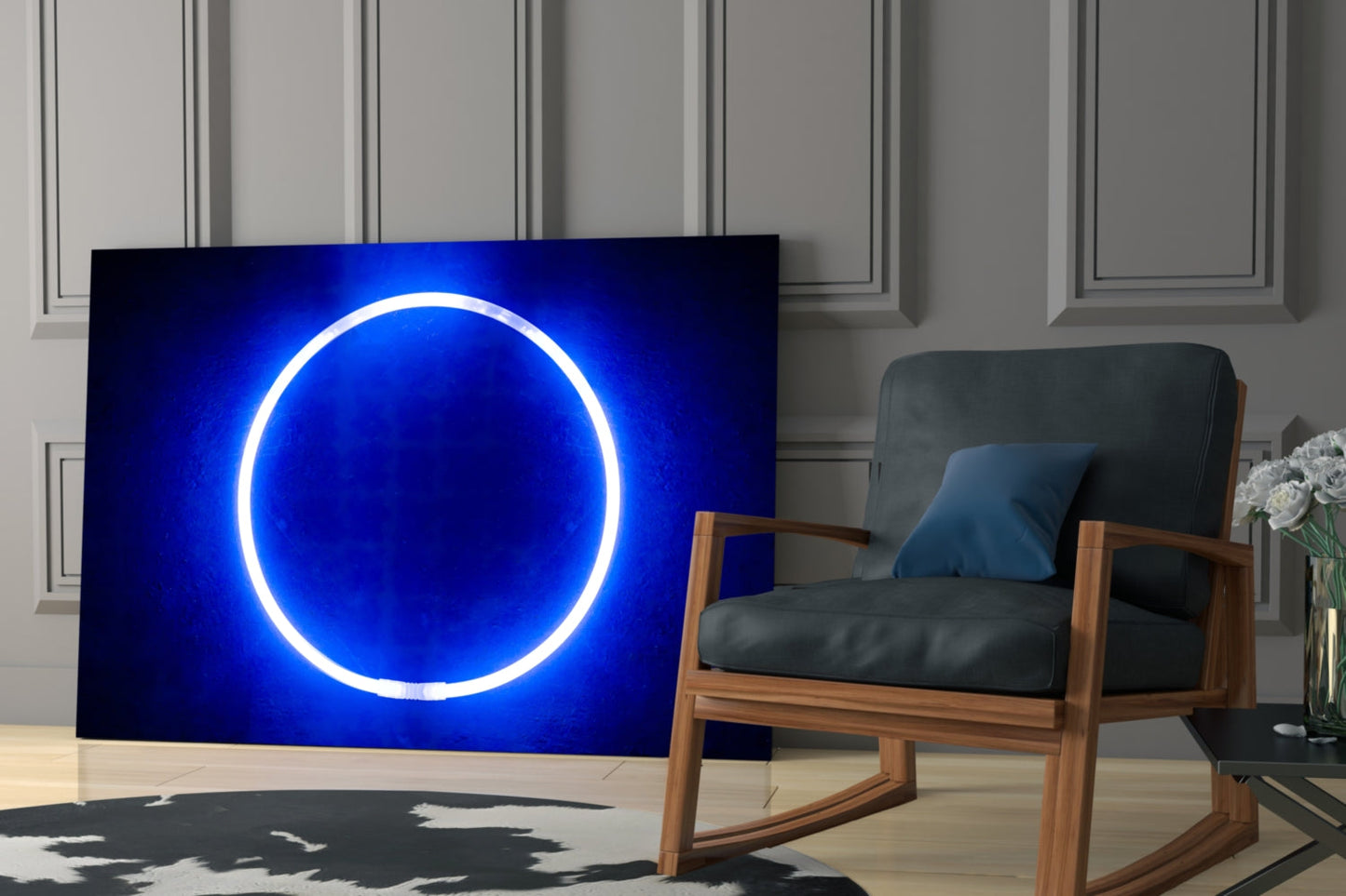 Blue neon circle glowing on dark background displayed in modern living room with wooden chair and potted flowers.