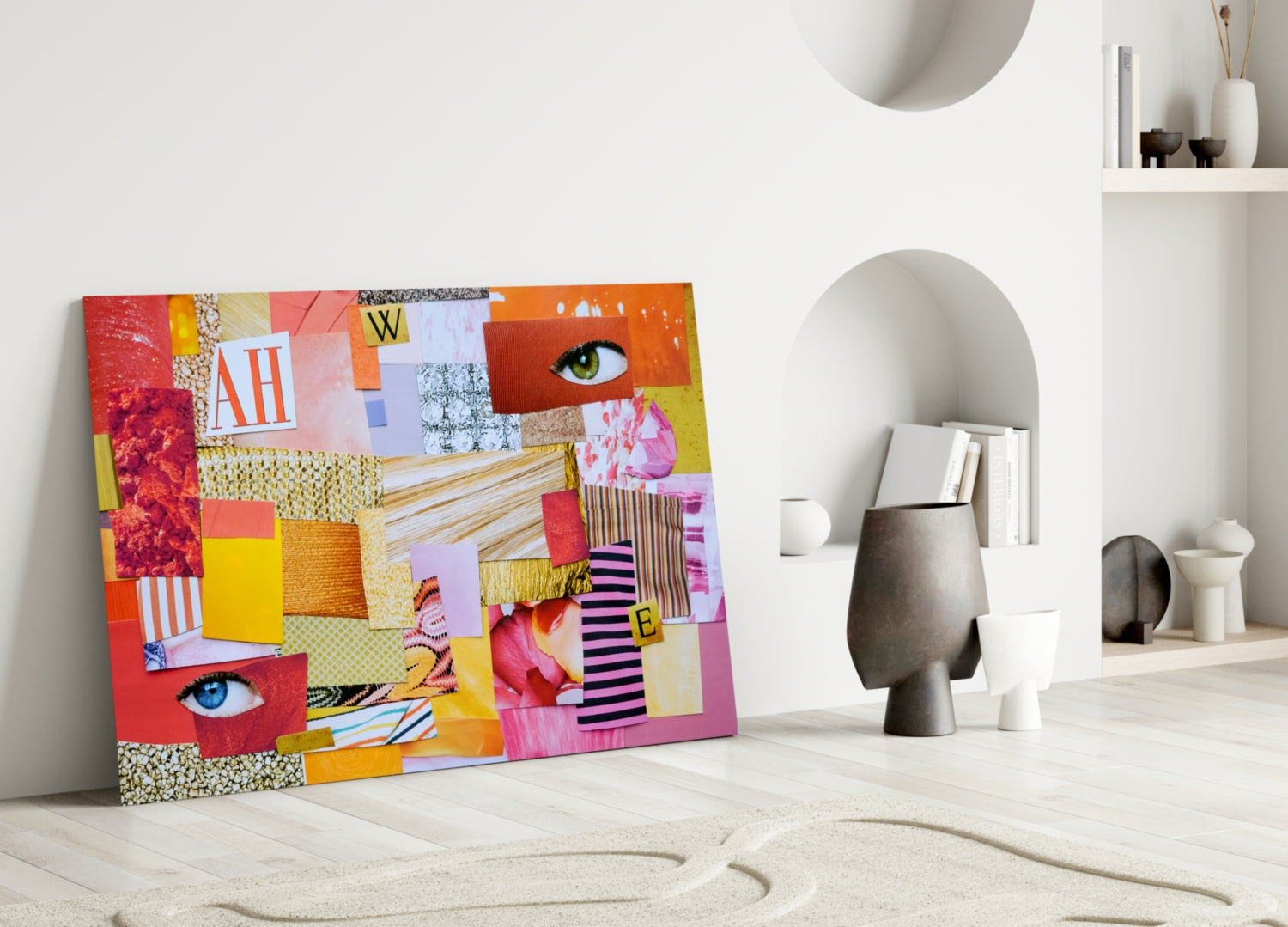 Colorful patchwork glass art leaning against white wall in minimalist interior with decorative objects and shelving.