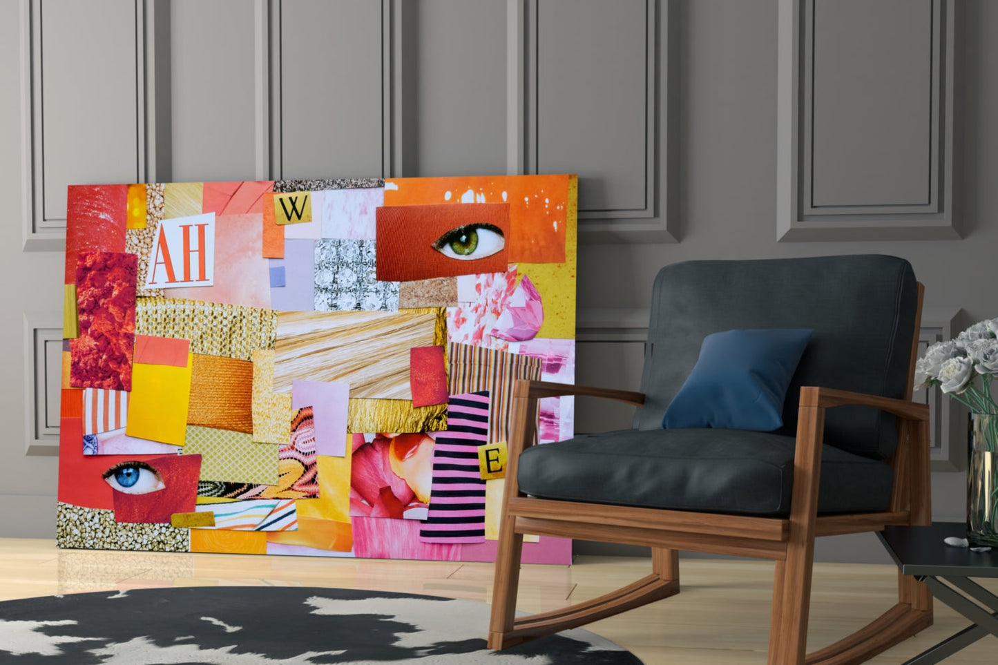 Colorful modern patchwork glass wall art featuring geometric shapes, eyes, and mixed textures in red, yellow, orange, and pink displayed in a contemporary living room interior.