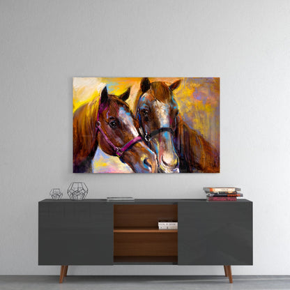 Bridled Horse Pair Golden Paint Glass Wall Art