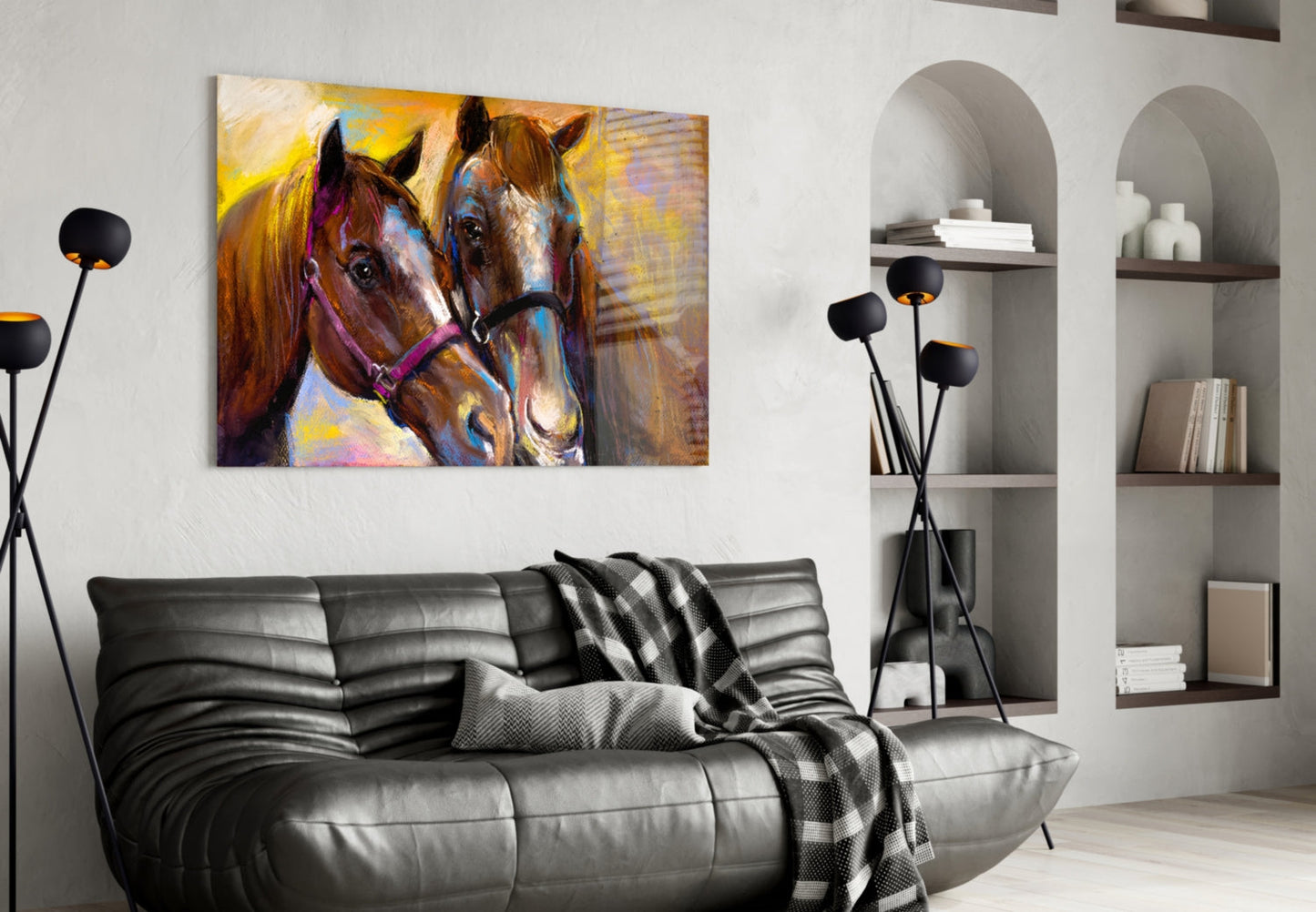 Bridled Horse Pair Golden Paint Glass Wall Art