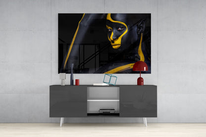Yellow Paint Stripe Woman Glass Wall Art