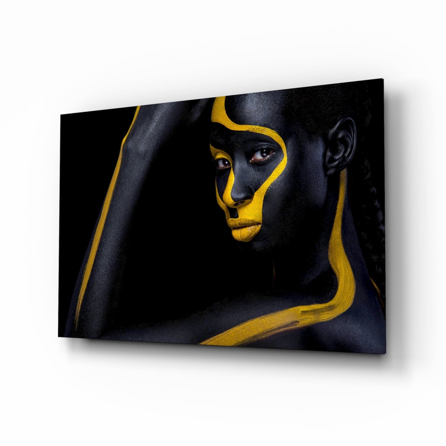 Yellow Paint Stripe Woman Glass Wall Art
