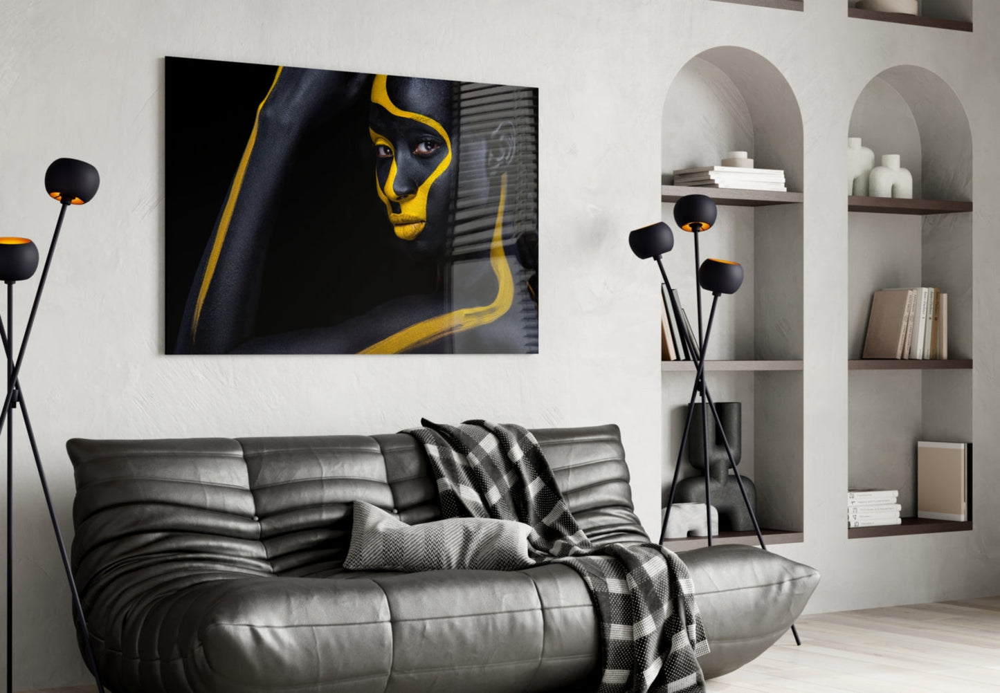 Yellow Paint Stripe Woman Glass Wall Art