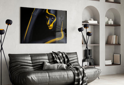Yellow Paint Stripe Woman Glass Wall Art