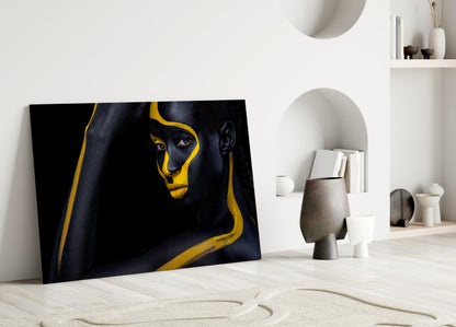 Yellow Paint Stripe Woman Glass Wall Art