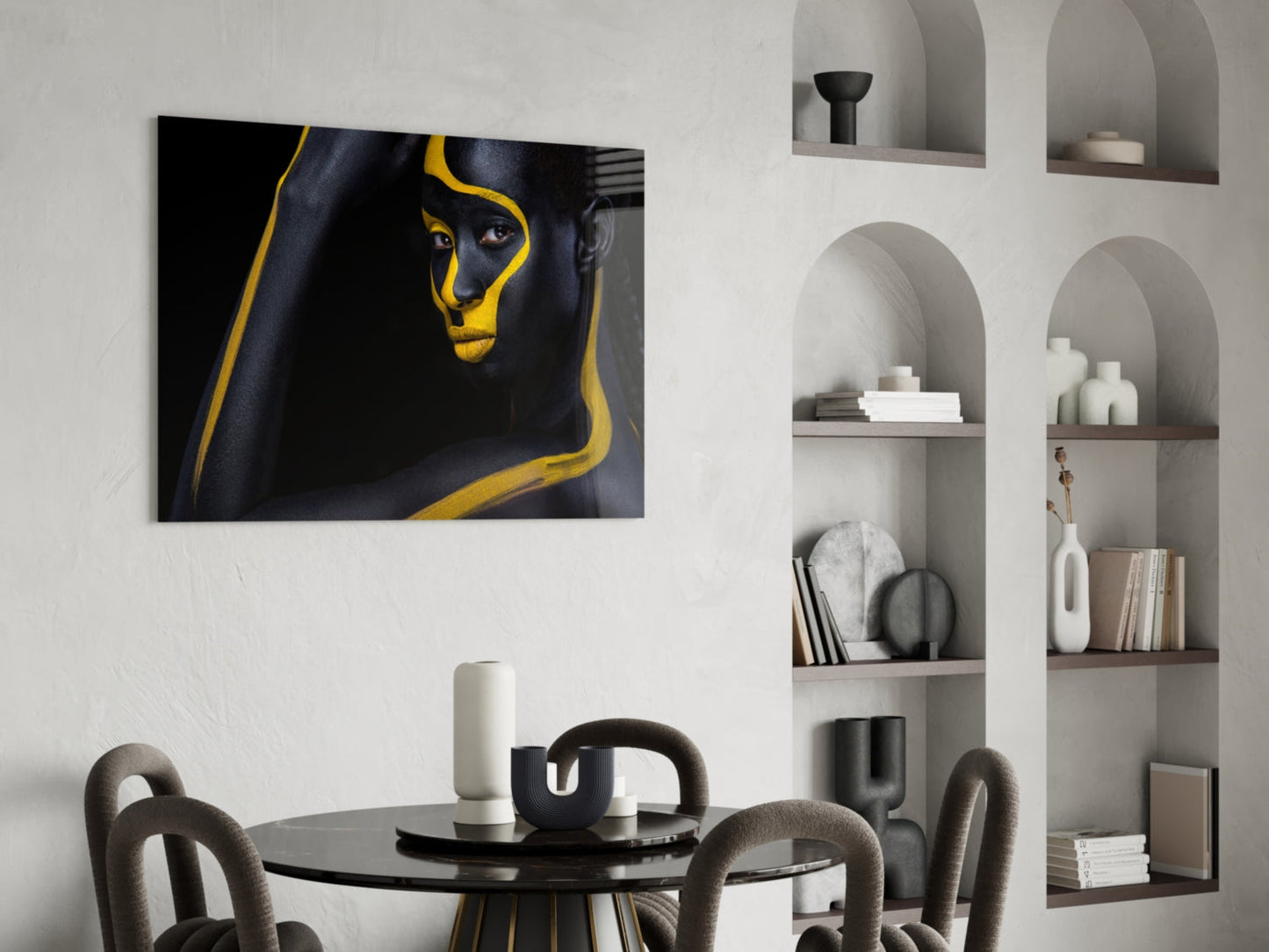 Yellow Paint Stripe Woman Glass Wall Art