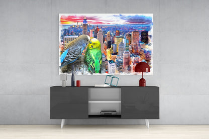 Green and Gray Parakeets City Sunset Glass Wall Art