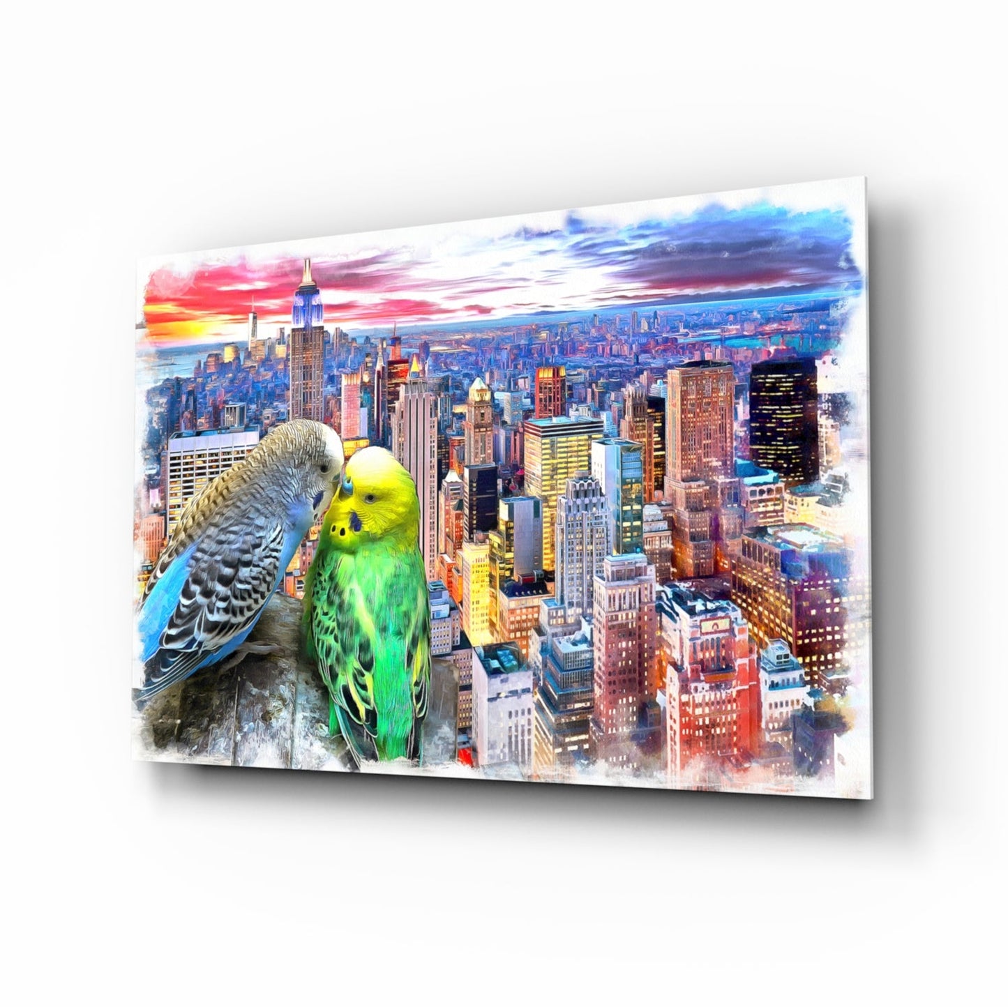 Green and Gray Parakeets City Sunset Glass Wall Art