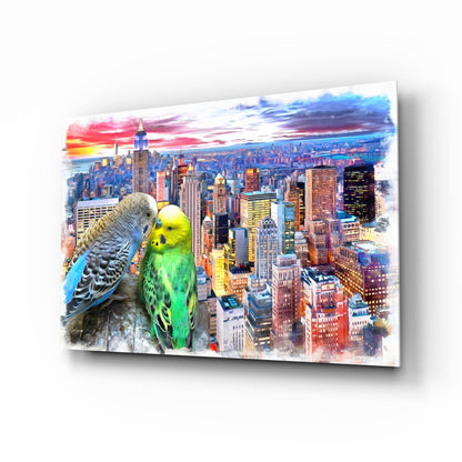 Green and Gray Parakeets City Sunset Glass Wall Art