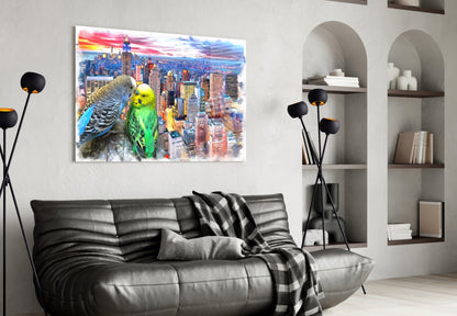 Green and Gray Parakeets City Sunset Glass Wall Art