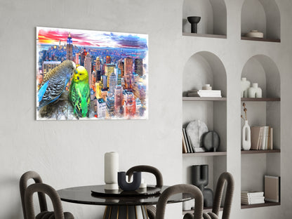 Green and Gray Parakeets City Sunset Glass Wall Art