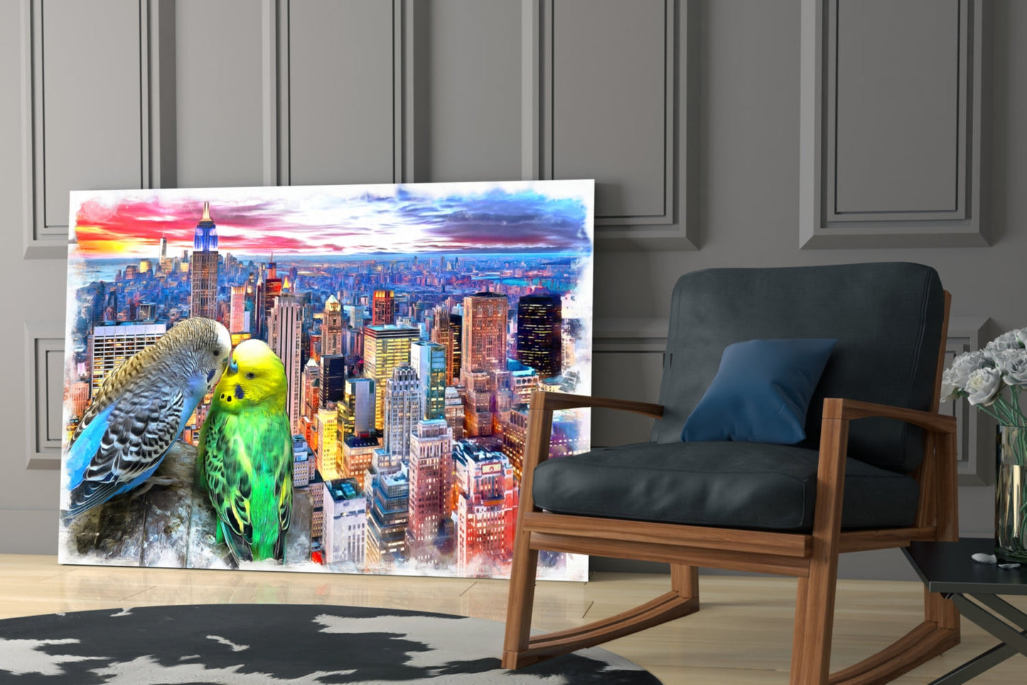 Green and Gray Parakeets City Sunset Glass Wall Art