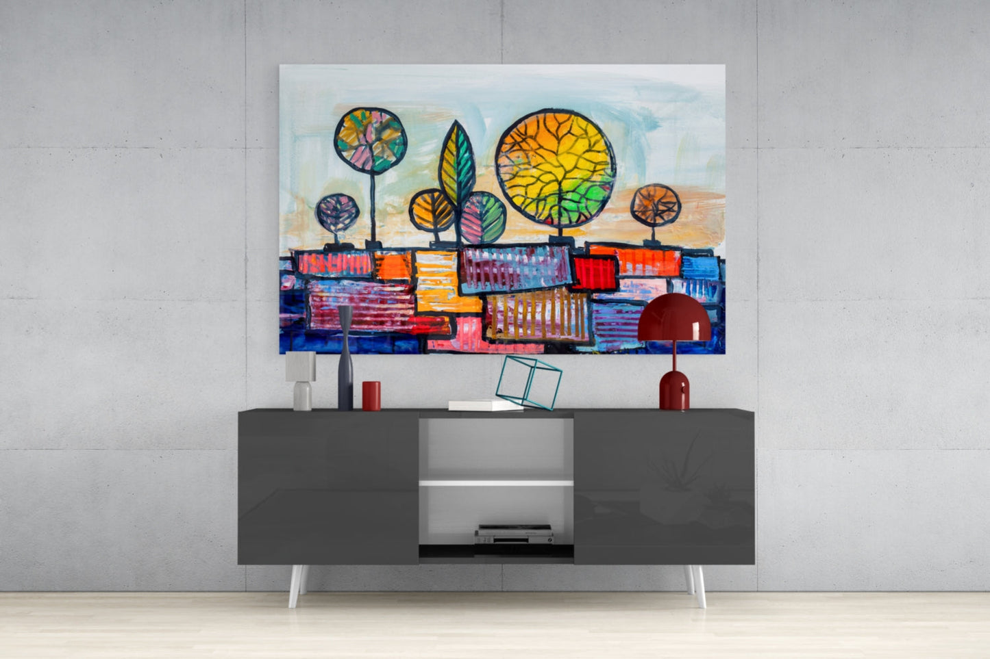 Naive Painted Trees Over Colorful Rooftops Glass Wall Art