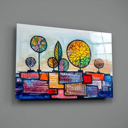 Naive Painted Trees Over Colorful Rooftops Glass Wall Art