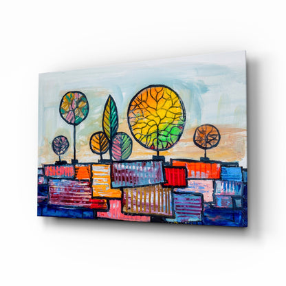 Naive Painted Trees Over Colorful Rooftops Glass Wall Art