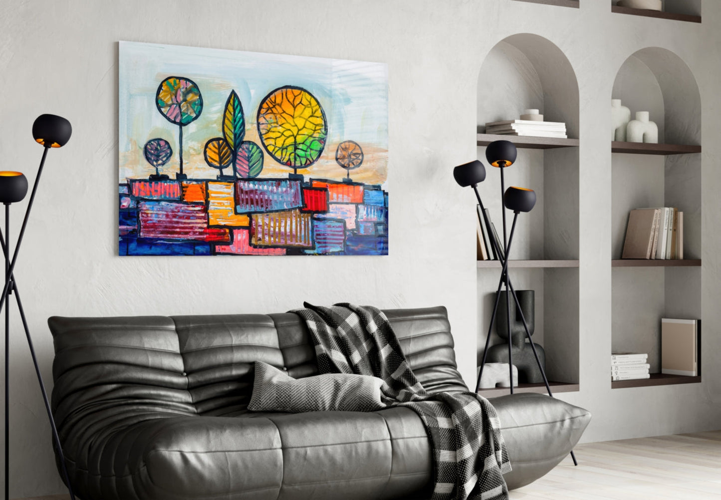 Naive Painted Trees Over Colorful Rooftops Glass Wall Art