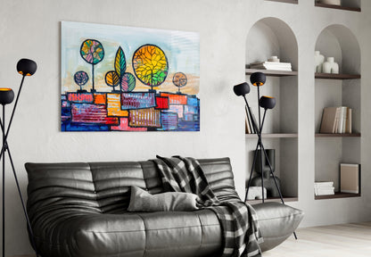 Naive Painted Trees Over Colorful Rooftops Glass Wall Art