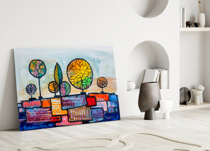 Naive Painted Trees Over Colorful Rooftops Glass Wall Art