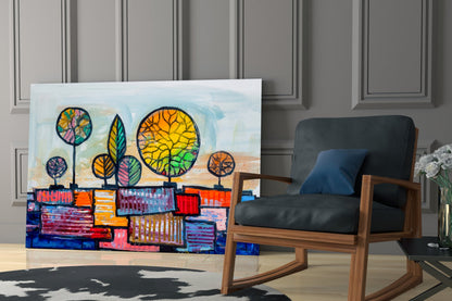 Naive Painted Trees Over Colorful Rooftops Glass Wall Art