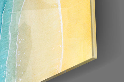 Angled view of sea sand glass wall art showing gradient color transitions from turquoise to yellow with white wave details.