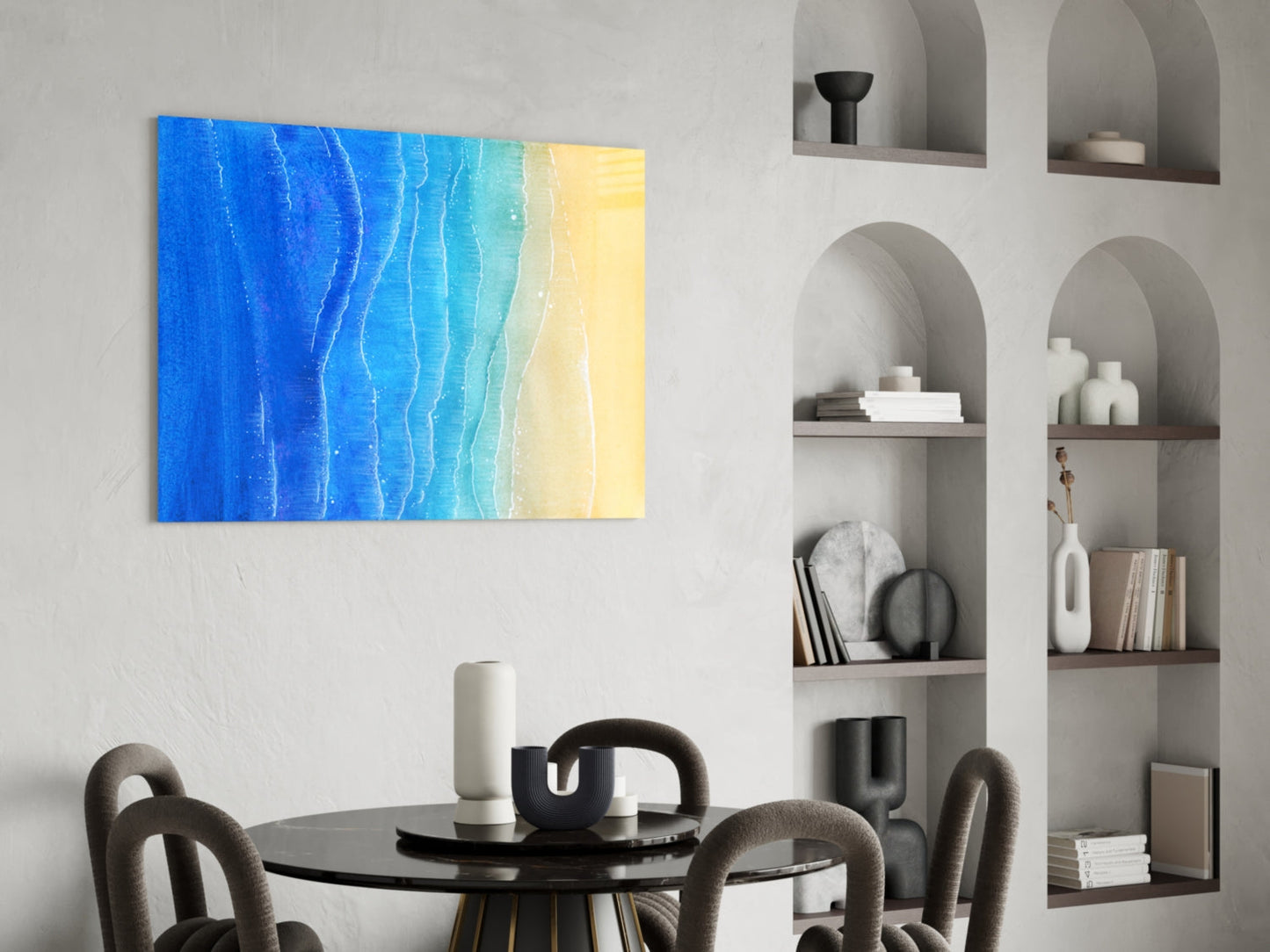 Sea Sand Glass Wall Art displaying blue-to-yellow gradient waves hung above black dining table in modern interior with built-in shelving.