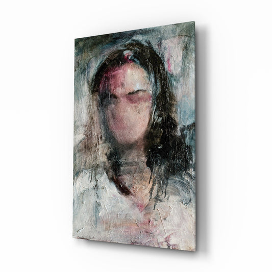 Glass wall art featuring a portrait of a person with long dark hair and closed eyes, rendered in muted tones of grey, pink, and cream with visible brushstroke texture.