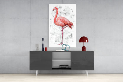 Pink Flamingo Sketch White Glass Wall Art