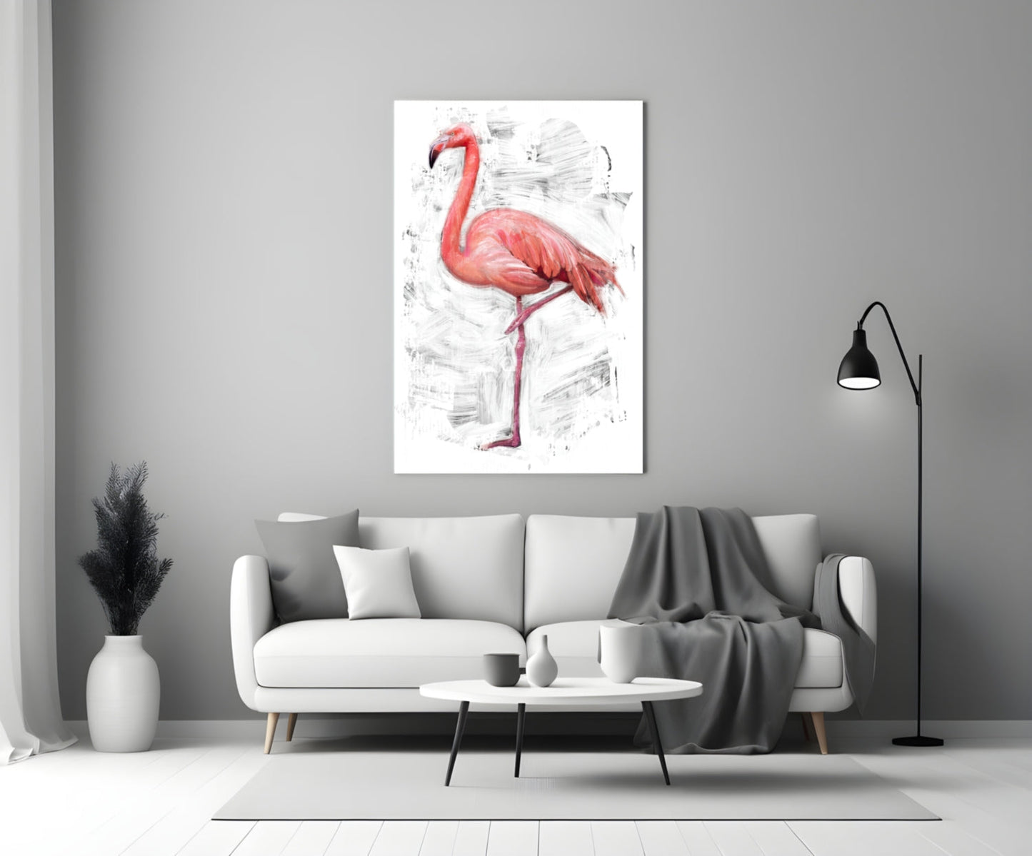 Pink Flamingo Sketch White Glass Wall Art
