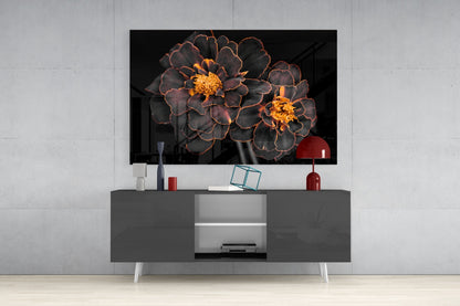 Brown flower glass wall art displaying dark petals with golden centers mounted above a gray media console in a modern living room setting.