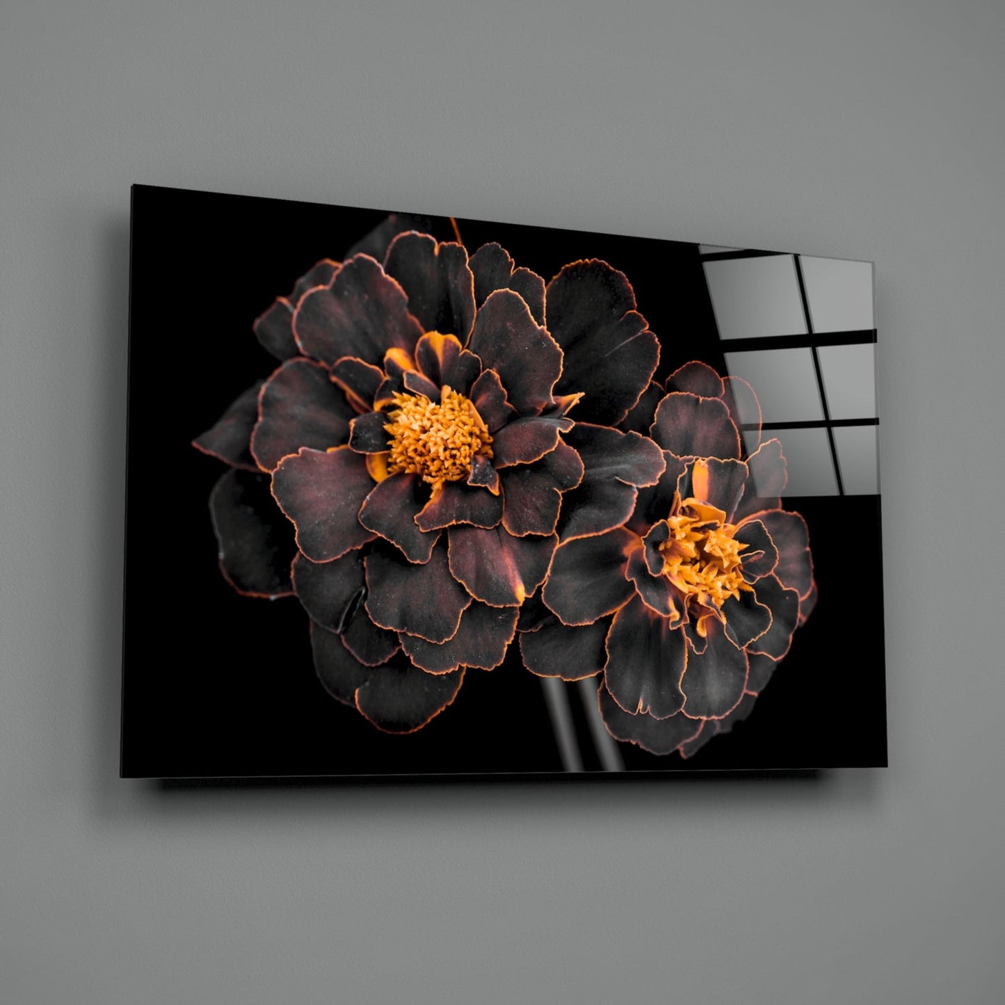 Brown flower glass wall art displayed at an angle showing dark petals with orange edges and yellow centers against black background.