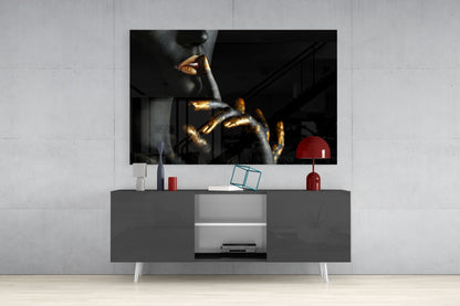 Gold Lips Hush Gesture on Black Panel Glass Wall Art